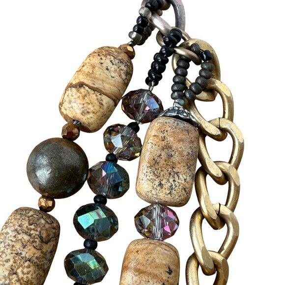 Brown Gemstones Beads Layered Multi-Strand Bib Choker Necklace Gold Tone - Picture 5 of 7